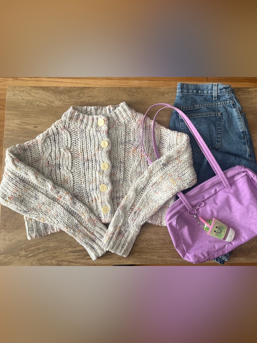 Urban Outfitters Cream Flecked Button Cardigan with Cable Knit